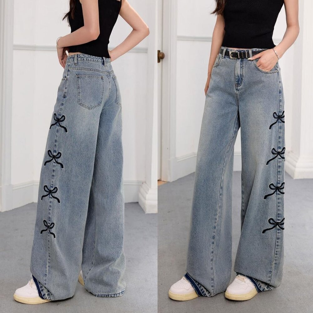 Women's Vintage Denim Jeans High Waist Baggy Straight Casual Y2K - Picture 3 of 9